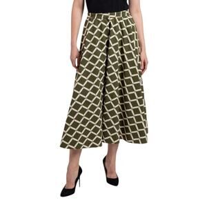 NIU NEW Olive Green Geometric Flared A-Line Skirt Midi XS